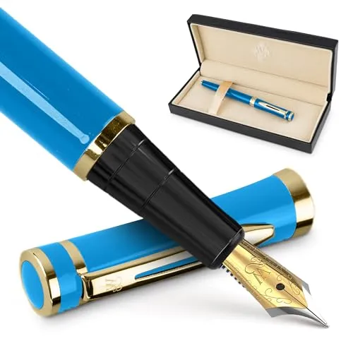 Wordsworth & Black Füllfederhalter-Set, 18 Karat vergoldete mittlere Feder, inkl. 24 Tintenpatronen, Tintennachfüllkonverter und Geschenkbox, Gold-Finish, Kalligraphie, [Himmelblau], perfekt für alle