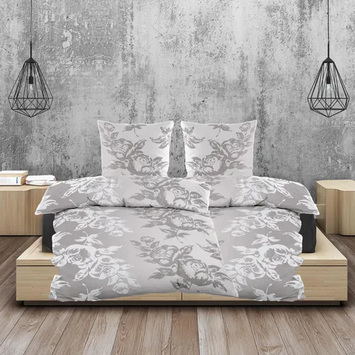 Biber Bettwäsche 135x200 cm 4 tlg. mit Reißverschluss Garnitur in Grau mit Rosen Blumenmuster