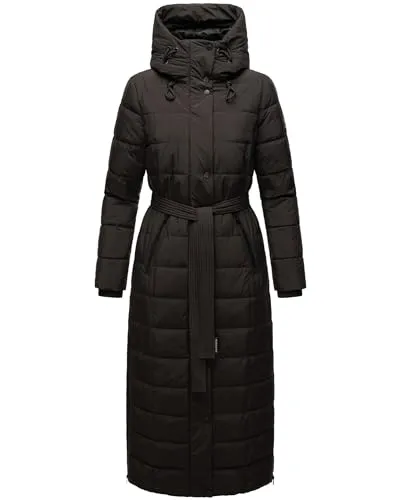 Navahoo Damen Wintermantel - Warmer Steppmantel mit Kapuze und Taillengürtel - Funktionsjacken: Modischer, langer Wintermantel mit warmem Kunstfellkragen und verstellbarem Taillengürtel für eine feminine Silhouette.