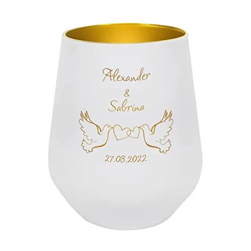 Herz & Heim® Weißer Teelichthalter zur Hochzeit mit Gravur - Tauben - mit Namen der Liebenden und Datum für die Hochzeitstafel