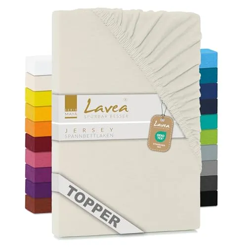 Lavea® Jersey Topper Spannbettlaken, Spannbetttuch, Serie Maya, 100% Baumwolle, hochwertige Verarbeitung, mit Gummizug und OekoTex100 200x220cm, Creme Naturweiß