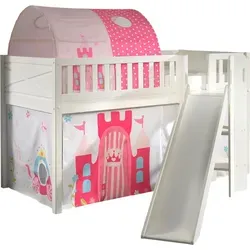 Kinderbett mit Rutsche Karyl – Massivholz Weiß mit Princess Textilset - Modernes Kinderbett mit Rutsche, ideal für kleine Prinzessinnen. Aus stabilem Massivholz in Weiß, mit einem bezaubernden Textilset und sicherem Absturzschutz. Perfekt für Spiel und Schlaf!