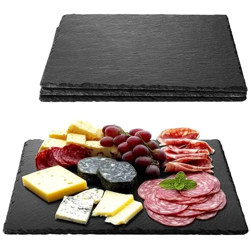 Navaris Schiefer Teller Platzset 4-teilig - Servierplatte für kreative Tischgestaltungen - Servierplatten aus 100% Schiefer, ideal für Sushi, Käse oder als Deko-Element. Inkl. Kreide zum Beschriften für persönliche Botschaften. Leicht zu reinigen und vielseitig einsetzbar.