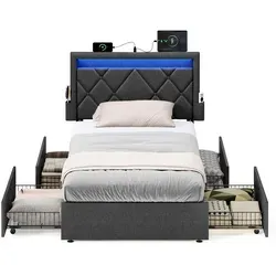 VASAGLE Doppelbettgestell mit LED, 90 x 200 cm, Schiefergrau - Das VASAGLE Bettgestell vereint Komfort mit praktischen Funktionen: LED-Beleuchtung, integrierte Ladeanschlüsse und verstellbares Kopfteil. 4 Schubladen bieten zusätzlichen Stauraum. Ideal für jedes Schlafzimmer!