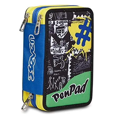 Seven Federmäppchen, Mäppchen, mehrfarbig, Federtasche für Schreibwaren, Etui mit Stiften, Kugelschreiber, & mehr, 3 Fächer, Mädchen & Jungen, Schule - Grundschule, XXL, gelb/blau