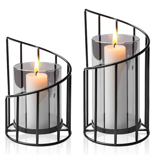 Windlicht Kerzenständer: 2er Set Metall Laternen für Kerzen Deko, Outdoor Grablaterne, Windlicht Glas Kerzenständer Kerzenhalter für Outdoor Garten Wohnzimmern Tischen Bars Studios Veranden