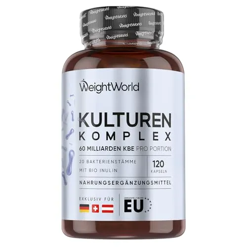 Kulturen Komplex mit 60 Mrd. KBE - WeightWorld - Probiotika Lactobacillus - 60 Milliarden KBE aus 20 Bakterienstämmen, unterstützt die Verdauung und das Immunsystem. 120 vegane Kapseln für 2 Monate, glutenfrei und gemäß GMP Standards hergestellt.
