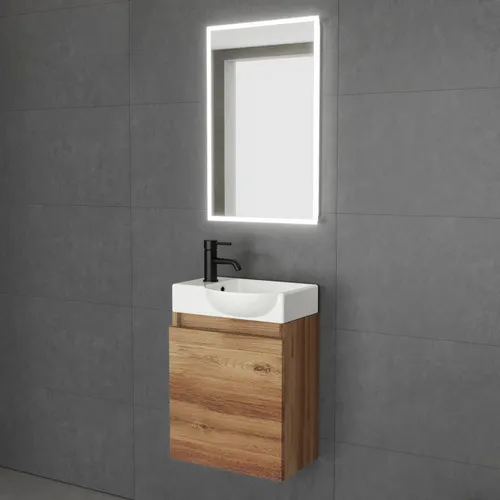 Alpenberger Badmöbel Set Lugano 450R mit Waschbecken und LED-Spiegel - Platzsparendes Badmöbel Set mit elegantem Design. Der schmale Waschbeckenunterschrank bietet Stauraum und der beleuchtete Spiegel schafft eine einladende Atmosphäre für Ihr Badezimmer.