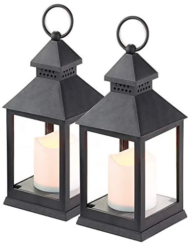 Lunartec LED Sturmlaterne: 2er Pack Laterne mit flackernder LED-Kerze und Timer, Batteriebetrieb (Grablichter, Laterne mit LEDkerze, Tischlampe Batterie)