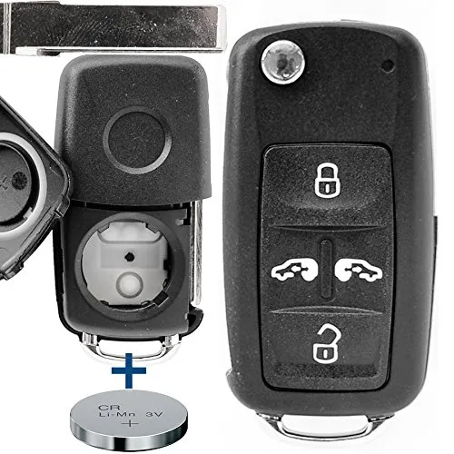 Auto Schlüssel Funk Fernbedienung 1x Gehäuse 4 Tasten + 1x Rohling + 1x CR2032 Batterie für VW/SEAT