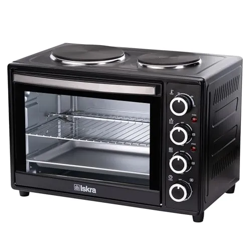 Iskra Mini Backofen mit Kochplatten und Umluft 38L, mit Timer, Edelstahl Heizelemente,100-230°C, inkl. rotierendem Spieß, Backblech und Rost, 3600 Watt, Schwarz