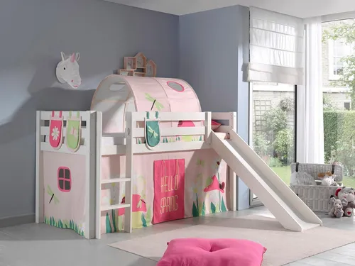 Vipack Spielbett Pino mit Rutsche und Vorhang - Hochbett aus massivem Kiefernholz, weiß lackiert, mit abnehmbaren Textilvorhang und Tunnel – ideal zum Spielen und Schlafen für Kinder.