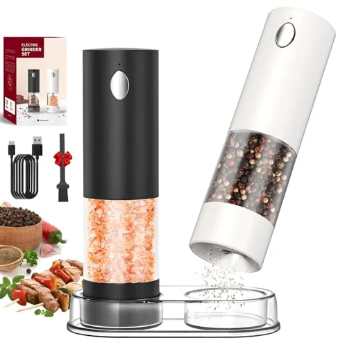 CIRCLE JOY Salz und Pfeffermühlen Elektrisch 2er Set mit Sockel, Wiederaufladbare Gewürzmühlen mit 95ml Transparenter Behälter, Weißem LED-Licht und Einstellbarer Grobheit, Schwarz-Weiß