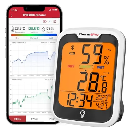 Produktbild ThermoPro TP358 Bluetooth Hygrometer Innen Raumthermometer mit Uhrzeit 0.5℃ Genau Nachtlicht Luftfeuchtigkeitsmesser mit Aufzeichnung Thermometer Innen für Schlafzimmer, Büro, Weinkeller, Gewächshaus