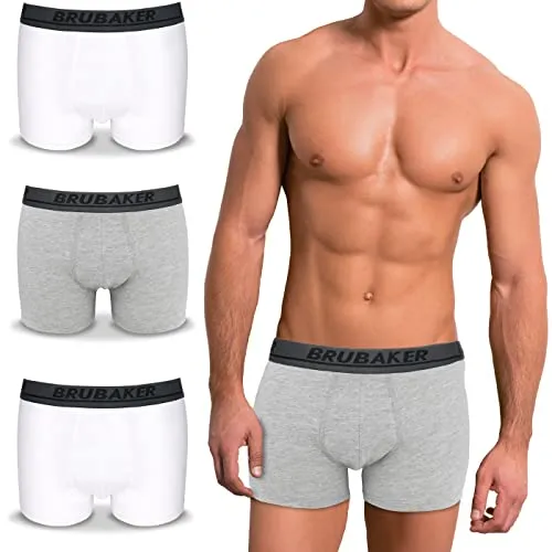 BRUBAKER Herren Retro Boxershorts - 4er Pack Retroshorts - Hipster Boxer Unterhose mit Bund Bequem & Atmungsaktiv ohne Eingriff - Männer Unterwäsche aus Baumwolle - Weiß & Grau Größe L