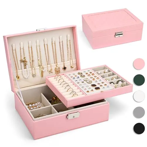 Yarmiene Schmuckkästchen für Damen, 2-schichtige Schmuckschatulle, PU-Leder Schmuckkoffer Schmuckaufbewahrung, Schmuckbox Reise für Ringe, Ohrringe, Armbänder, Ketten für Frauen, Pfirsichrosa