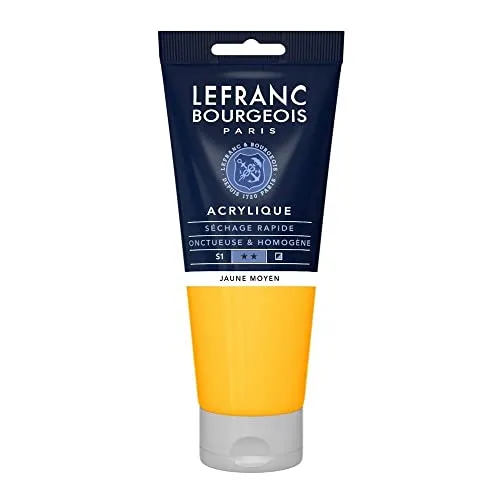 Lefranc Bourgeois 300389 Fine Acrylfarbe - Gelb Mittel, 200ml Tube, cremige Acrylfarbe auf Wasserbasis, schnell trocknend, lichtecht, wasserfest