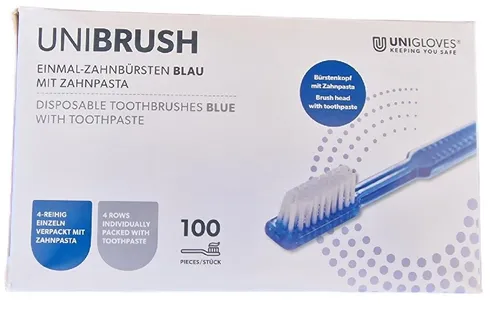 Unibrush Einmalzahnbürste mit Zahnpasta 100 Stück Blau für Reisen - Praktische Einmalzahnbürste für unterwegs, ideal für Reisen. Mit mittelharten Borsten und BPA-freiem Griff aus ABS-Kunststoff. Sauberer Genuss für die Zähne – auch bei empfindlichem Zahnfleisch.