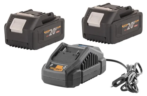 Procraft Starter Pack 20 V mit Ladegerät und 2x 4,0 Ah Akku - Praktisches Starter Pack mit 20 V Ladegerät und zwei leistungsstarken 4,0 Ah Akkus für zuverlässige Energieversorgung bei jedem Projekt.