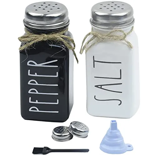 Salz- und Pfefferstreuer, Hyacinthy Glasstreuer mit Edelstahldeckel, Gewürzstreuer mit Bürste/Trichter, Glasset verstellbare Ausgusslöcher für die Küche (Schwarz & Weiß)