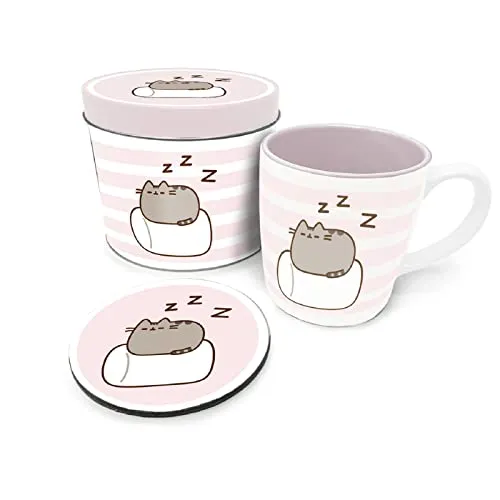 Pusheen Tasse und Untersetzer Set in Pusheen Geschenkdose (Marshmallow Design) 315ml Keramik Becher - Offizielles Lizenzprodukt