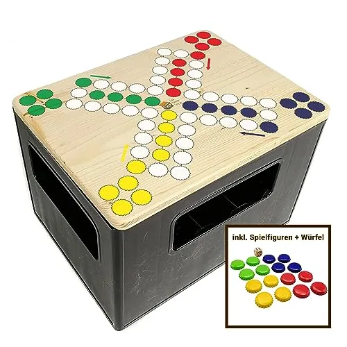 Bierkastensitz Raus mit dir - Gartenhocker für 20er Bierkisten, hochwertige Holzauflage mit Klarlack, inkl. Spielfiguren und Würfel - der ideale Hingucker und Geldsparer für gesellige Runden!