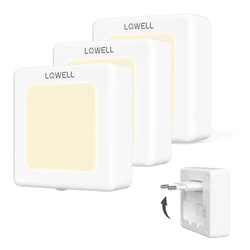 LQWELL® Nachtlicht Steckdose Faltbar mit Dämmerungssensor, Nachtlampe Einstellbare Helligkeit, Automatisch Steckdosenlicht, Orientierungslicht Warmweiß für Kinder Zimmer Gang Treppen (Weiß, 3 STK)