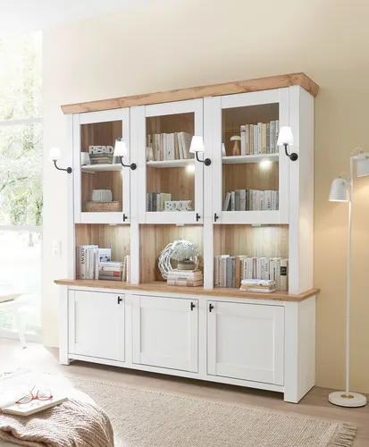Home affaire Buffet Bristol, Bücherschrank im Landhausstil, moderner Hochschrank schwarze Metallgriffe, elegante Kranzoptik, mit Beleuchtung