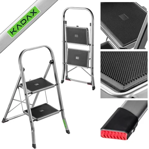 KADAX Aluminium Trittleiter mit 2 Stufen - Leiter: klappbare Sicherheitsleiter mit rutschfesten Füßen und max. Belastung von 150 kg - ideal für sicheren Einsatz im Haushalt und Garten.