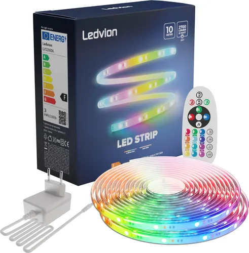 Ledvion Dimmbarer LED-Streifen 10M, RBG, 24V, 24W, Plug & Play, Inkl.