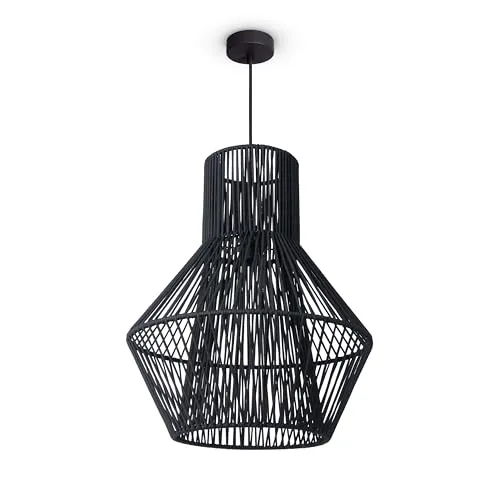 Paco Home LED Pendelleuchte Wohnzimmer Pendellampe Hängeleuchte Esszimmer Küche Deko Vintage Korboptik Boho Natur E27, Lampenart:Pendelleuchte, Farbe:Schwarz 10