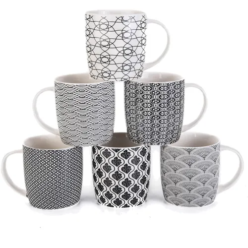 6er Set Kaffeebecher mit schwarz-weißem geometrischen Muster, Keramik Teetassen-Set 6er Pack (schwarze Tasse-Set) (Schwarz set of 6)