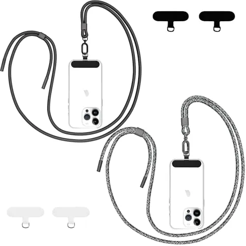 Qyoocom Handyband Universal für alle Smartphones,2 Stück Schlüsselband Kette zum Umhängen mit 4 Universelles Pad,Einstellbar und Abnehmbar. (Schwarz+Schwarz Grau)