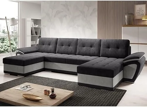 MODERNO Wohnlandschaft Sofa mit Schlaffunktion ENZO U - Sofa U-Form mit Bettkasten - Modern Ecksofa Schlafcouch - Steppsofa Zweifarbig - Schwarz-Grau