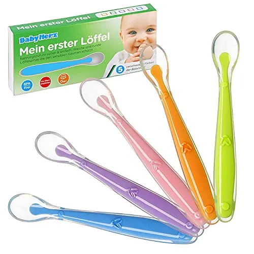 Babylöffel Set 5 Stück aus Silikon weich gebogen - Ab 0 Monate - Zum Essen lernen - Baby Löffel Set bunt