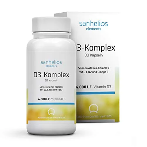 Sanhelios Vitamin D3 Sonnenvitamin-komplex mit K2 - Nahrungsergänzungsmittel für starke Knochen und ein aktives Immunsystem. Mit Vitamin D3, K2 und pflanzlichem Omega 3 für ganzjährige Vitalität. 80 Kapseln für 13,5 Monate.