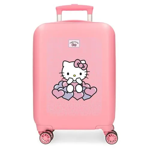 Hello Kitty Hearts & Dots Kinderkoffer - Rosa Kabinenkoffer mit 33 l Volumen, ideal für Kinder. Aus robustem ABS, ausgestattet mit vier multidirektionalen Doppelrollen und praktischem Seitenschloss für mehr Sicherheit.
