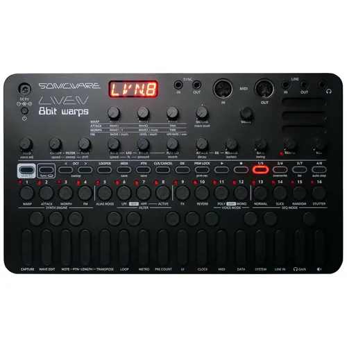 Sonicware LIVEN 8bit warps Black Edition - Tabletop-Synthesizer; kompakter 27-Tasten 8Bit Wave Memory Synthesizer in limitierter Auflage, ideal für mobile Musikproduktion mit vielseitigen Sound-Engines und dynamischem Sequenzer.