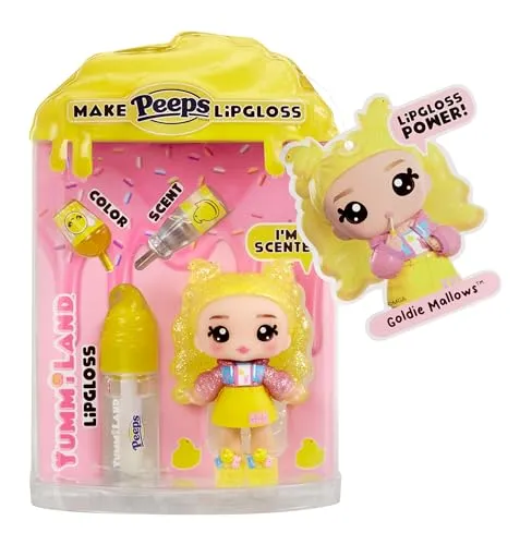 Yummiland x PEEPS Lip Gloss Doll- Goldie Mallows - Enthält 1 Puppe mit Mode zum Gestalten und Lipgloss-Set mit Einzigartiger Farbe, Duft und Klarer Basis, für Kinder ab 4 Jahren