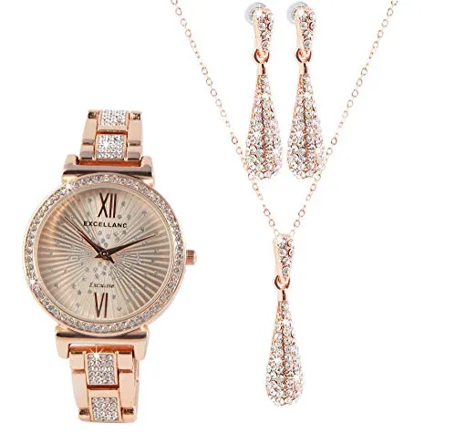 Excellanc Damen-Schmuckset Uhr Kette Ohrringe Strass Analog Quarz 1800177 (roségoldfarbig)