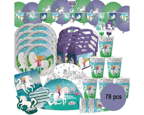 dh konzept Papierdekoration Sternenschweif Einhorn Party Set 78 Teile für Kinder - Gestalten Sie unvergessliche Kindergeburtstage mit diesem 78-teiligen Einhorn Party Set! Es enthält alles für eine fröhliche Feier: Einladungskarten, Platzsets und farbenfrohe Dekoration. Ideal für bis zu acht kleine Gäste!