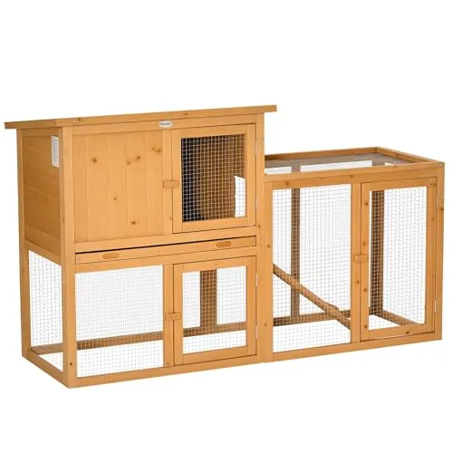 PawHut Kaninchenstall Tannenholz - Luxuriöser Kleintierstall - Kleintierkäfige, aus robustem Tannenholz, bietet Sicherheit und Freiheit für Kaninchen und Meerschweinchen im Außenbereich.