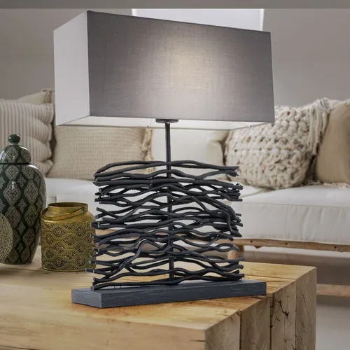 Design Tischlampe aus Holz und Textil - Stehleuchte in modernem Design, 50 cm hoch, mit E27 Fassung für individuelle Lichtgestaltung und 1,5 m Anschlusskabel für flexible Platzierung.