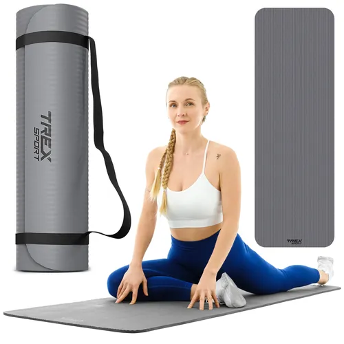 TREX SPORT Gymnastikmatte Fitnessmatte TX-018NGM | Yogamatte Pilates 180×60×1cm | Trainingsmatte rutschfest, wasserdicht, Tragegurt | Sportmatte grau