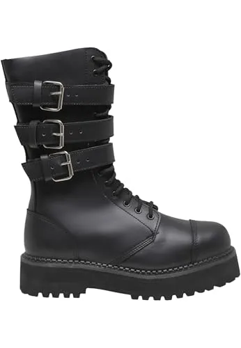 Brandit Plateau Phantom 3 Buckle Boots, schwarz, Größe UK9/EU43 - Robuste 20 Loch Schnürung mit 3 Lederschnallen, ideal für einen markanten Look. Die stabile Plateau-Profilsohle sorgt für sicheren Halt im Alltag.