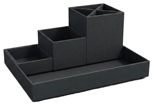 BIGSO BOX OF SWEDEN LENA Schreibtisch Organizer für Stifte, Büroklammern, Haftnotizen usw. – Sortierkasten mit 4 Fächern – Ordnungssystem aus Faserplatte und Papier in Leinenoptik – dunkelgrau
