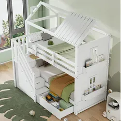 Kinder-etagenbett Mit Dach, Kiefernholz Und Mdf In Weiß 90x200 Cm, Mit Stauraumtreppe, Schubladen, Regalen Und Lattenrost