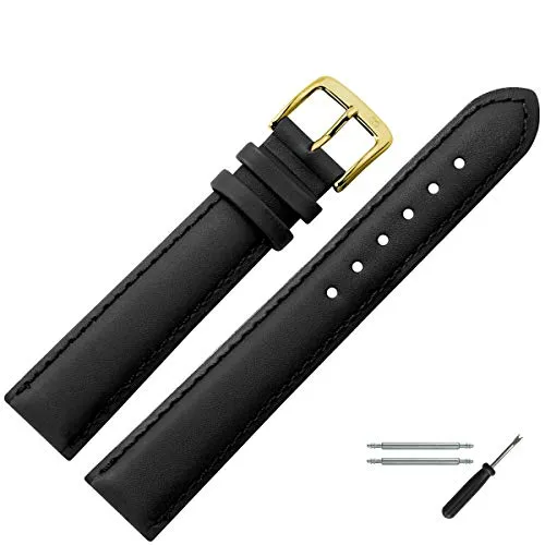 MARBURGER Uhrenarmband 22mm Leder Schwarz Gold Glatt Mit Naht - Montage Set 7942210000220