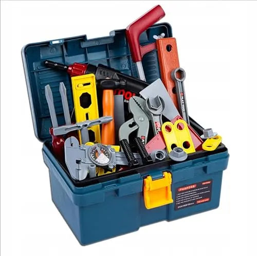 Kinder-Werkzeug-Set mit Werkzeugkiste - Kunststoffspielzeug für kleine Heimwerker, fördert motorische Fähigkeiten und Problemlösungsfähigkeiten. Praktische Werkzeugkiste mit Verschluss für einfache Lagerung und Transport.