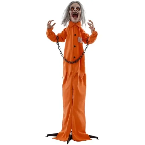 HOMCOM Gruseliger Sprechender Gefangener 85cm mit LED-Lichtern - Nussknacker Halloween-Dekoration mit beweglichen Armen, leuchtenden roten Augen und gruseligem Sound, perfekt für schaurige Partys oder als schockierendes Highlight im Freien.